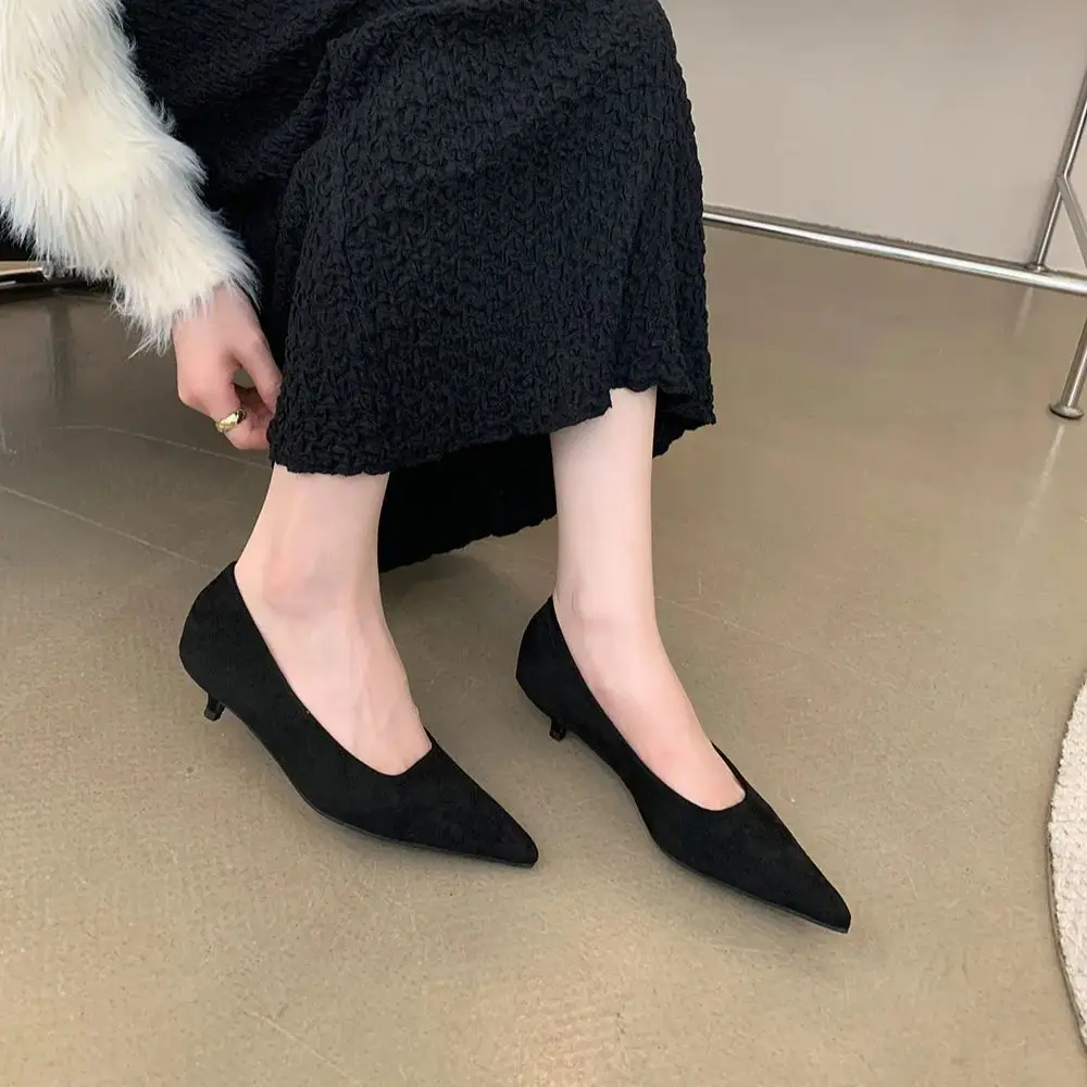 Flock Women Pumps Pointed Toe Leopard/Black Fashion Dress Shoes Thin Mid Heels Slip On Office Pumps Shoes Woman Size 35-39