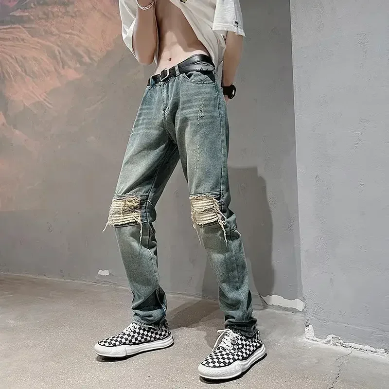 

Male Cowboy Pants Broken Jeans for Men with Holes Trousers Zipper Elastic Stretch Motorcycle Ripped Torn Slits Clothes Y2k 2000s