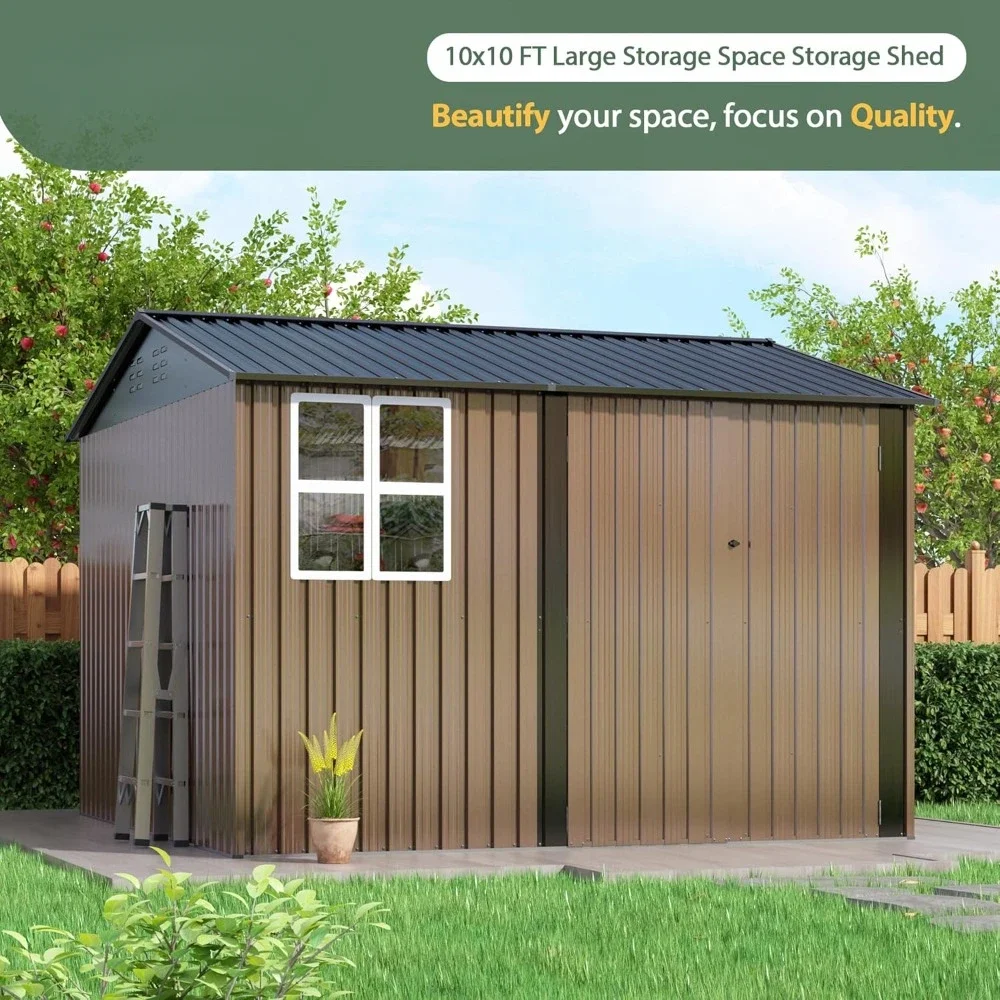 10x10 FT Outdoor Storage Shed, Large Metal Tool Sheds with Updated Frame Structure and Lockable Doors, Garden Shed for Backyard