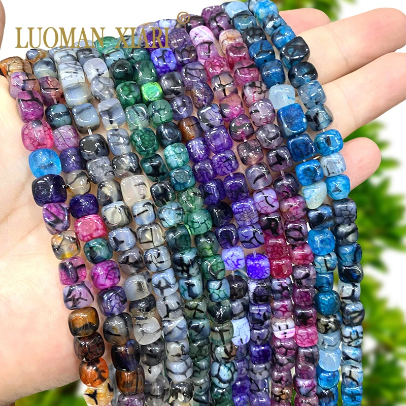 7-8MM Square Dragon Veins Agates Colorful Natural Stone Loose Cube Spacer Beads for Jewelry Making Diy Bracelet Accessories