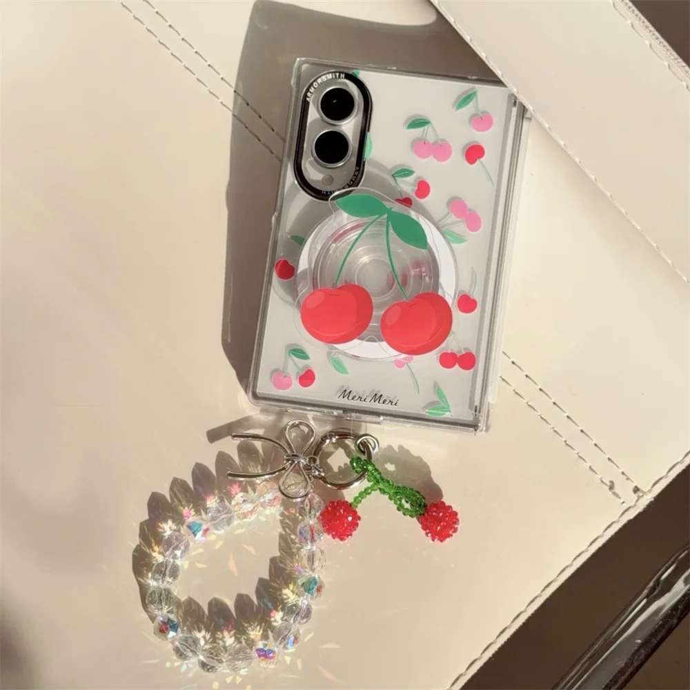 Korea Fashion cute cherry Magnetic Phone case for Samsung Galaxy Z Fold 8 Ultra Fold 7 Fold7 Cover With Magsafe Stand Chain