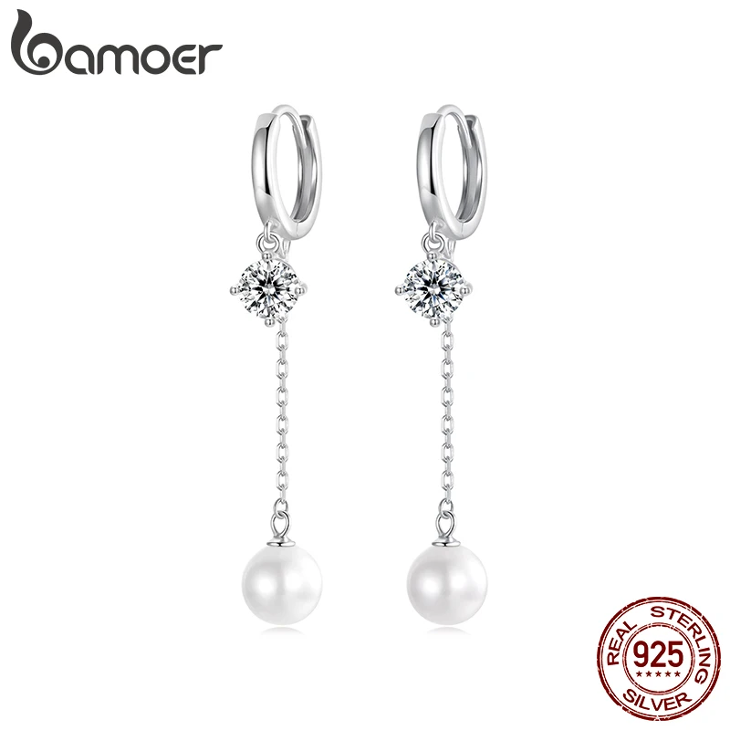 

Bamoer 925 Sterling Silver Pearl Dangle Earrings for Women Dainty Zircon Long Tassel Chain Hoop Earrings Wedding Jewelry Gift