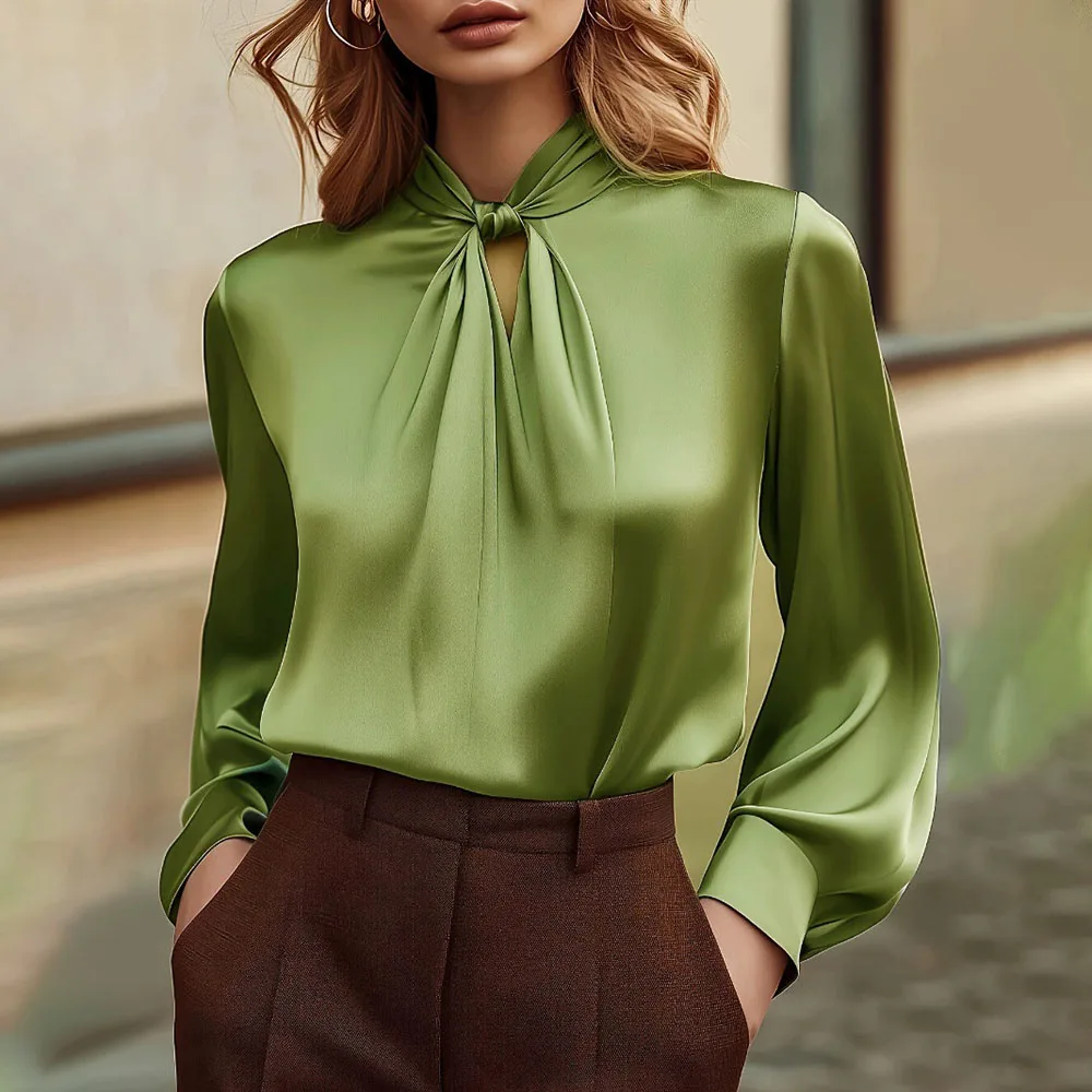 

Spring Autumn Long Sleeve Tops Women 2025 Fashion Satin V-neck Long Sleeve Loose Top Female Shirts Blouse
