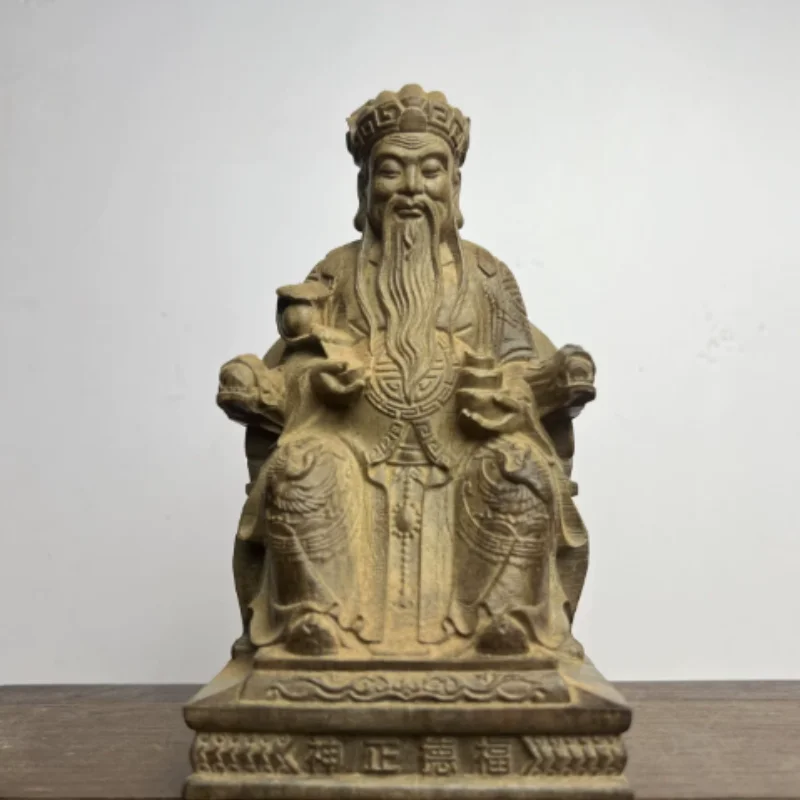 Vintage Wood Carved God of Wealth Statue - Feng Shui Caishen & Fu De Zheng Shen Figurine, Home Altar Wealth Attraction Decor