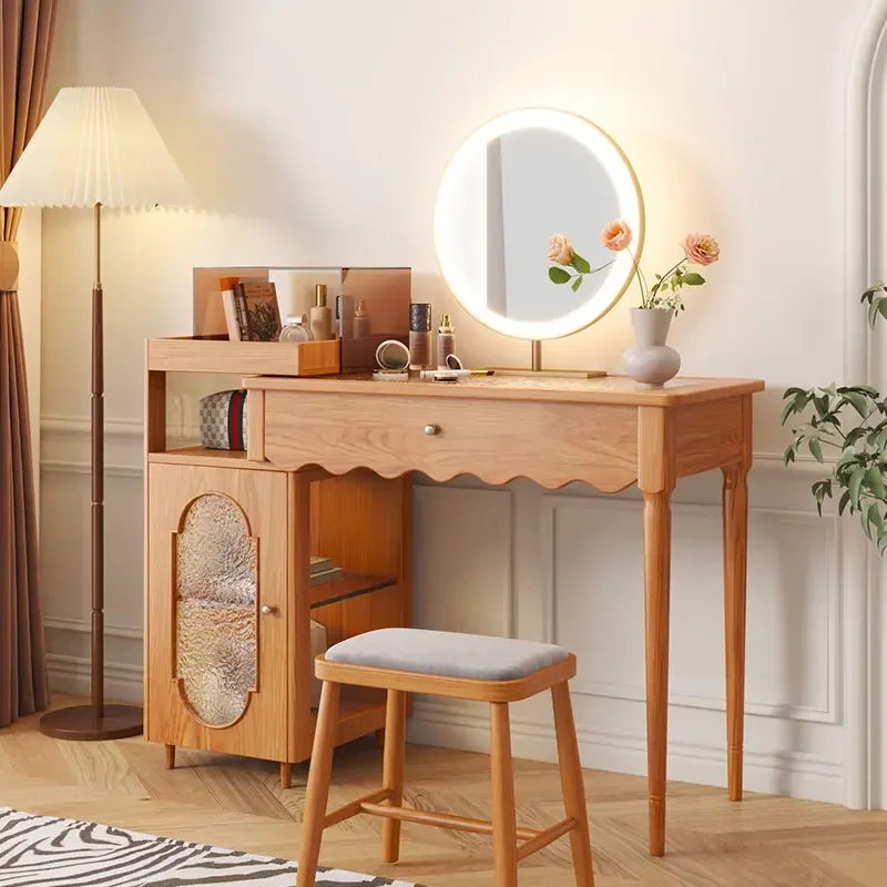 Makeup vanity bedroom modern simple extensible wood dressing table with led mirror