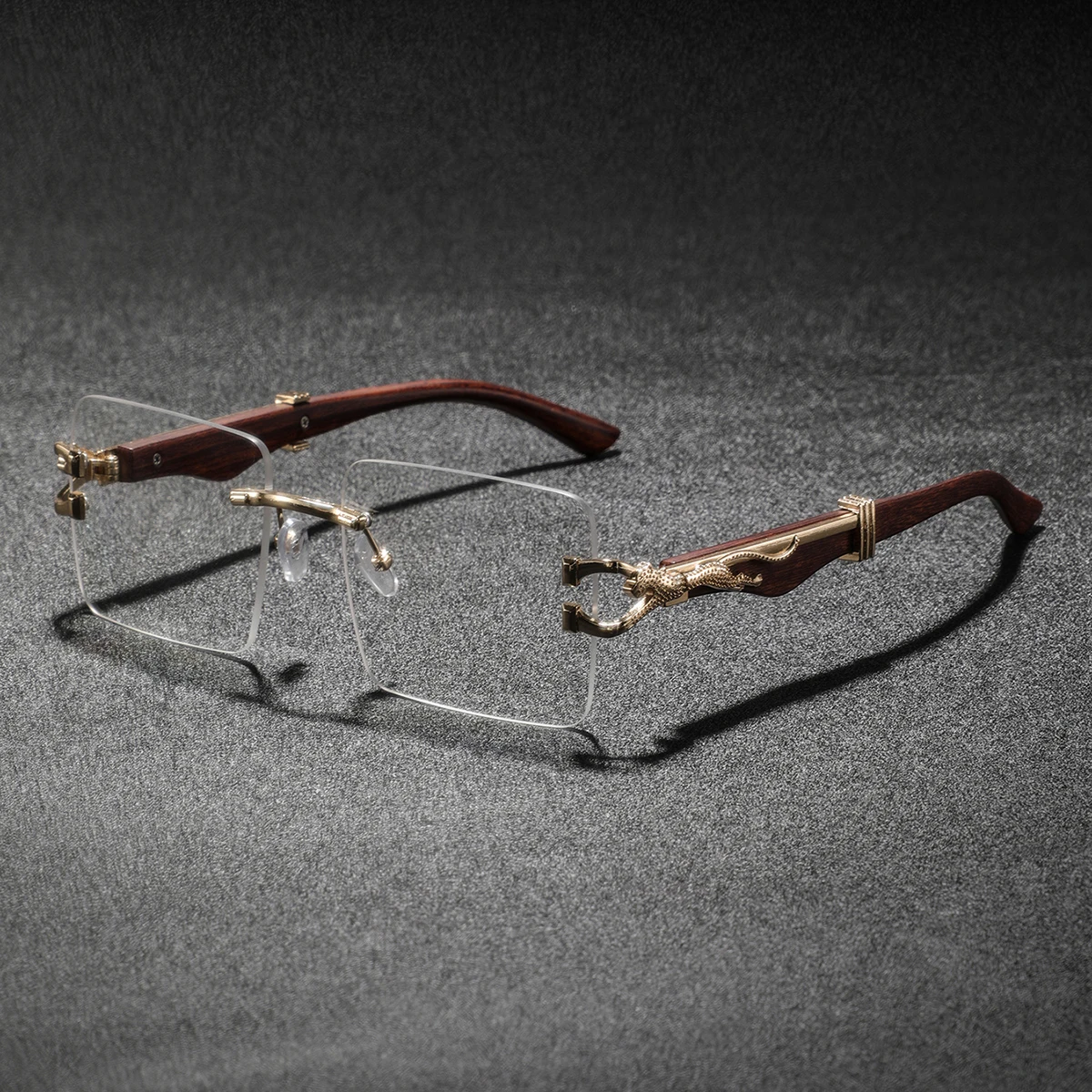 1 Pair of Men's Frameless Rectangular Wooden Grain Gold-Engraved Flat Glasses, Retro Light Luxury, Understated, High-End, Stylish Men's Glasses, Suitable for Business Meetings and Daily Wear