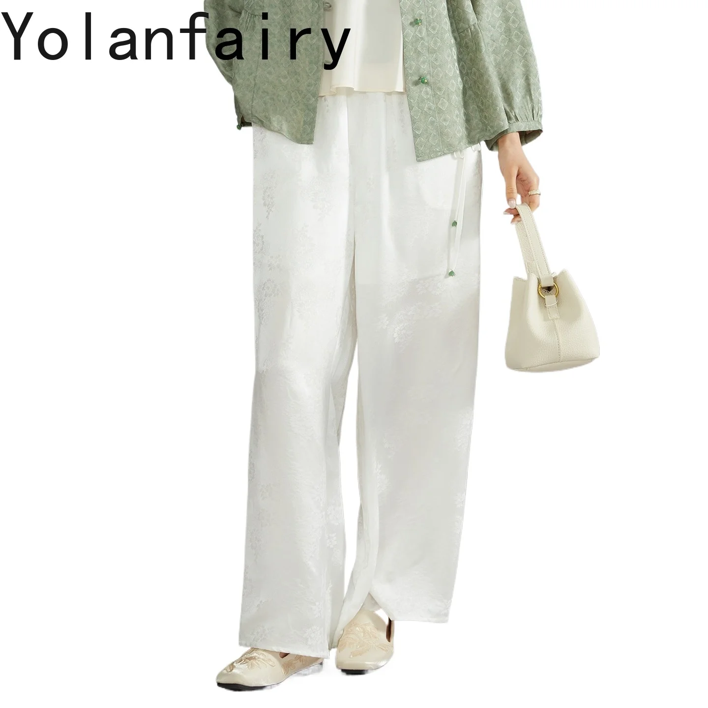 YOLANFAIRY 100% Mulberry Silk Hollow Luo Jacquard Pants Women Wide Leg Straight Casual Pants Trousers Elastic Waist Drawstring
