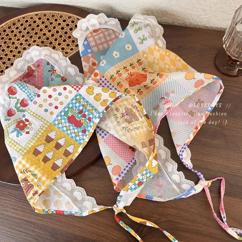 

Sweet Cottagecore Floral Print Headband Lace Triangle Scarf for Women Vacation Beach Hair Wrap Bohemian Lightweight Gift Choice
