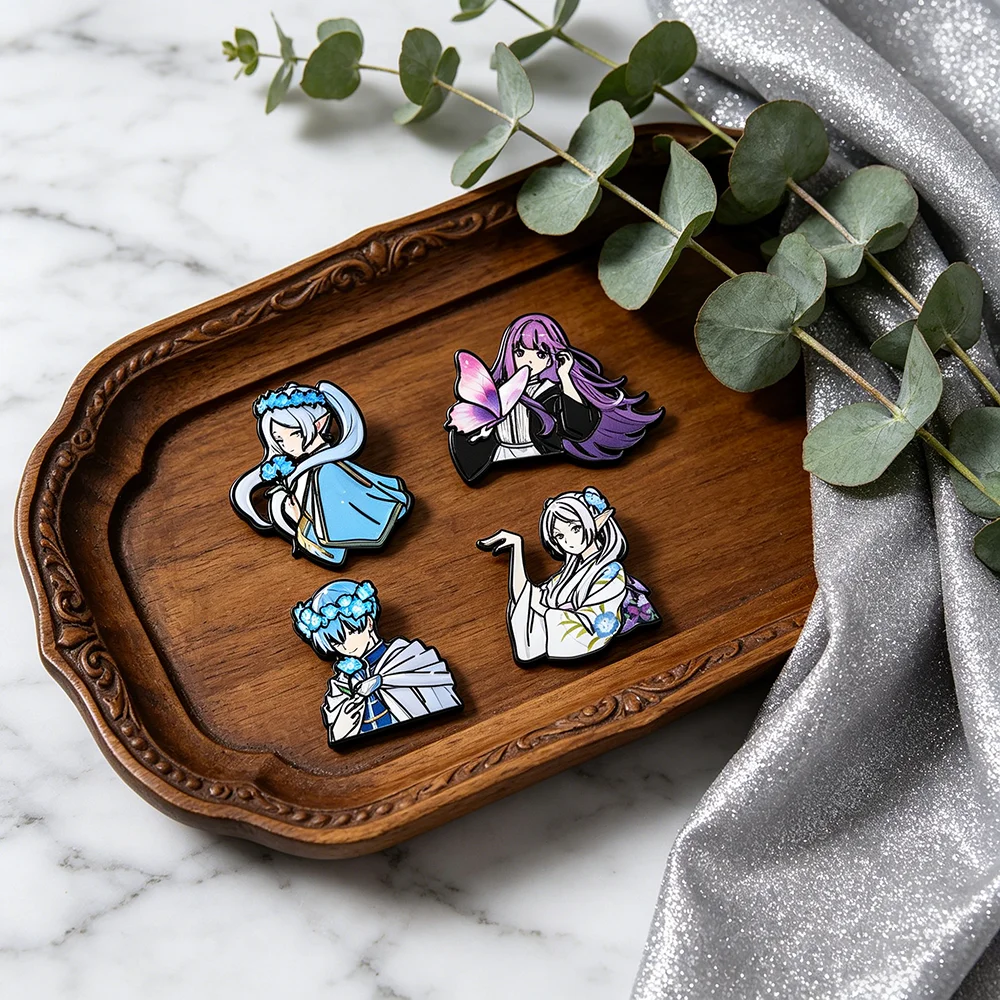 4 Pack Aesthetic Kimono Floral Elf Metal Enamel Pins Frieren Anime Character Souvenir Sousou No Frieren Journey's End Brooch