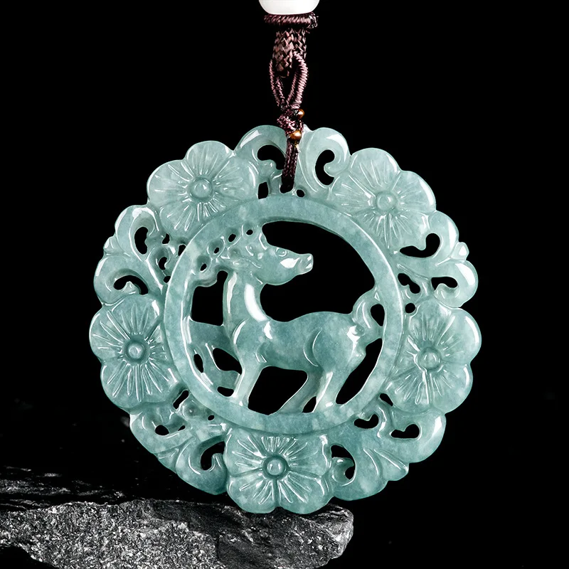 

JiaLe/ Natural Jade Blue Water Fulu Double Full Sika Deer Necklace Pendant Ethnic Style Jadeite Personalized Couple Jewelry Gift