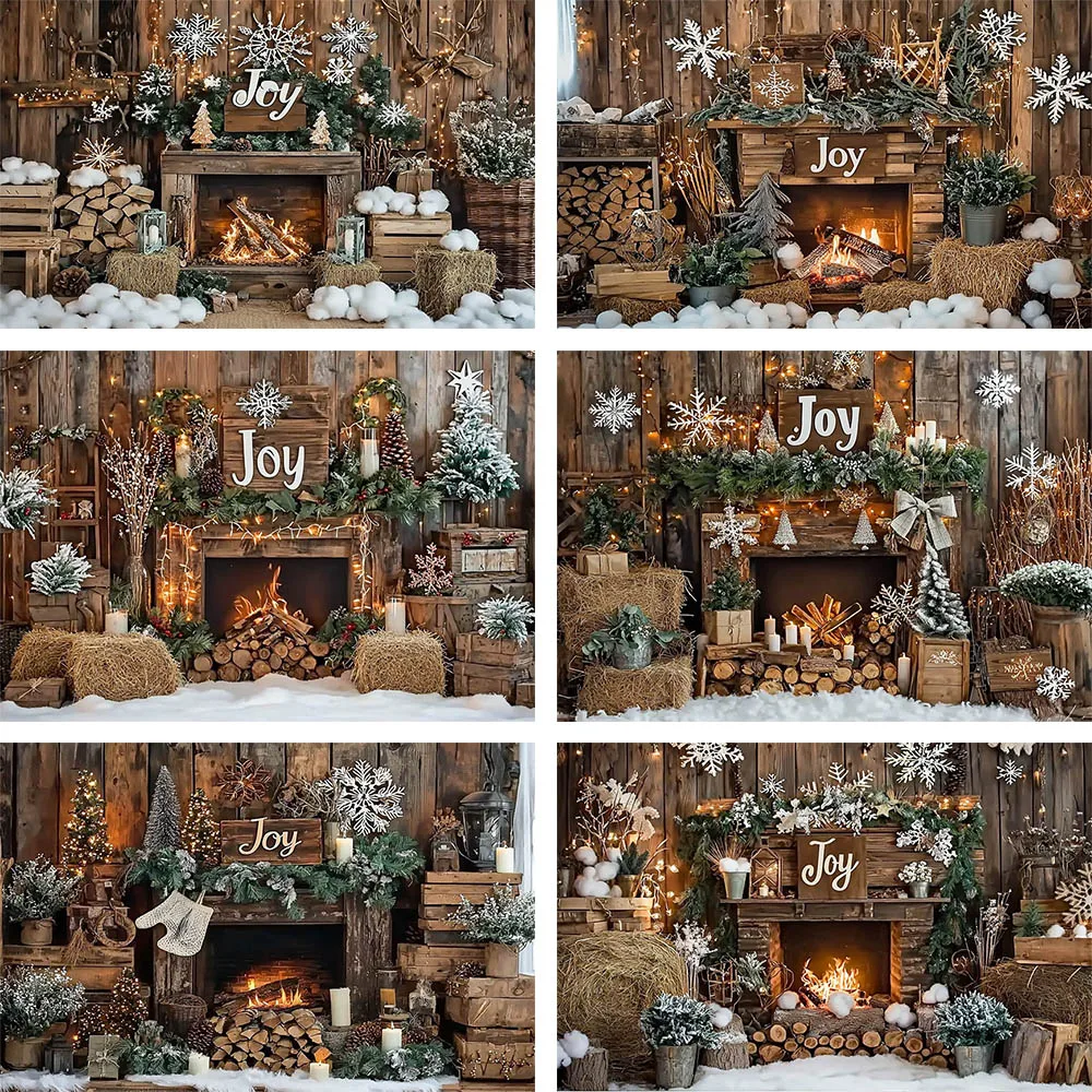 

Mehofond Rustic Wooden Fireplace Photography Backdrops Kids Birthday Party Snowflake Firewood Joy Haystack Decor Background Prop