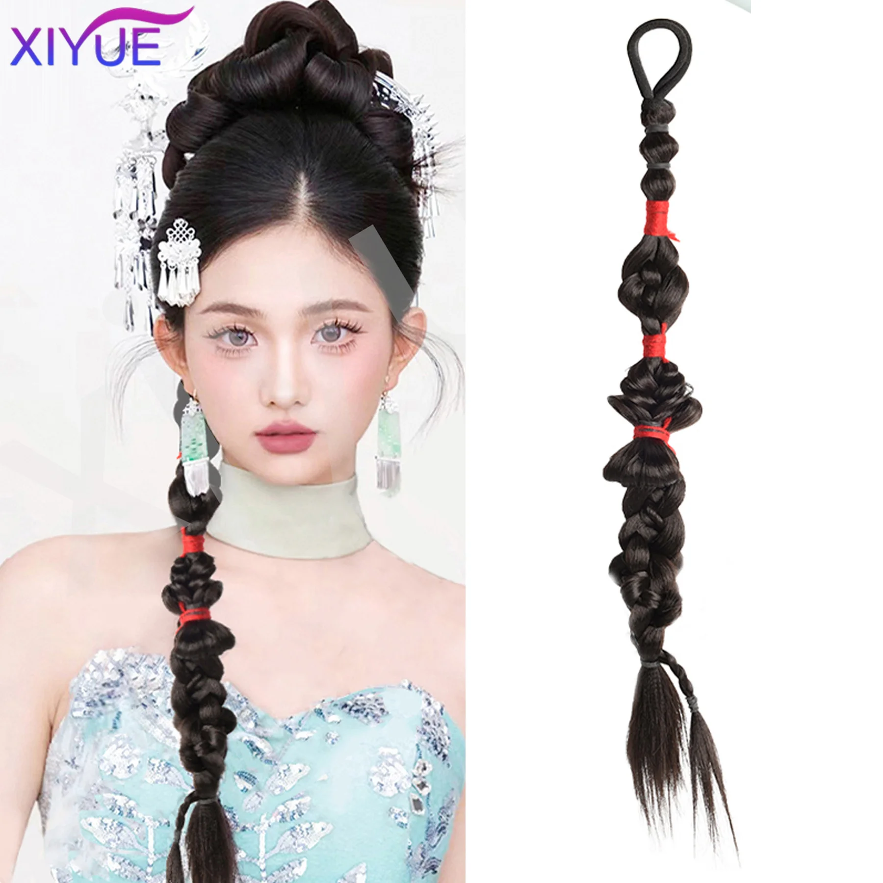 

XIYUE Synthetic Wig Women's Braid New Chinese Style Grip Clip Gentle Weaving Side Ball Head Low Horsetail Micro Roll Wig