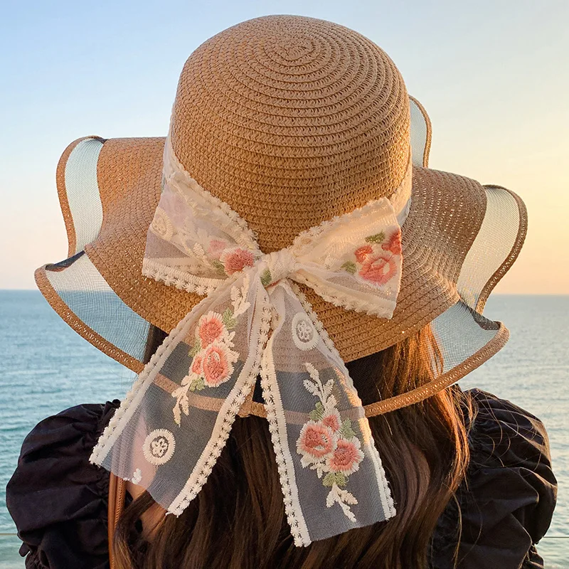 Foldable Big Brim Floppy Girls Straw Hat Sun Hat with Bow Elegant Protection Shade Fashion Women Beach Hat