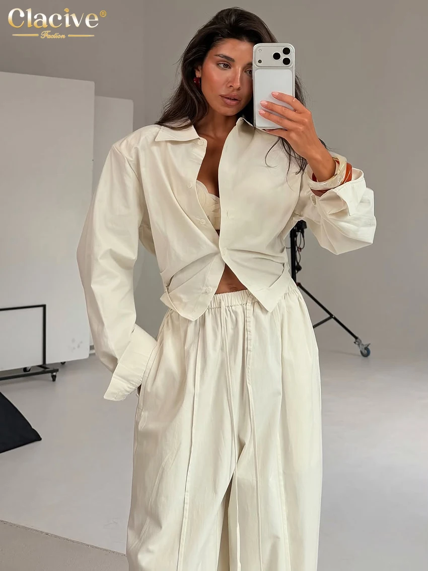 Clacive Fashion Loose Black Cotton 2 Pieces Set For Woman 2027 Spring Long Sleeve Blouse With High Waist Wide Pants Set Female