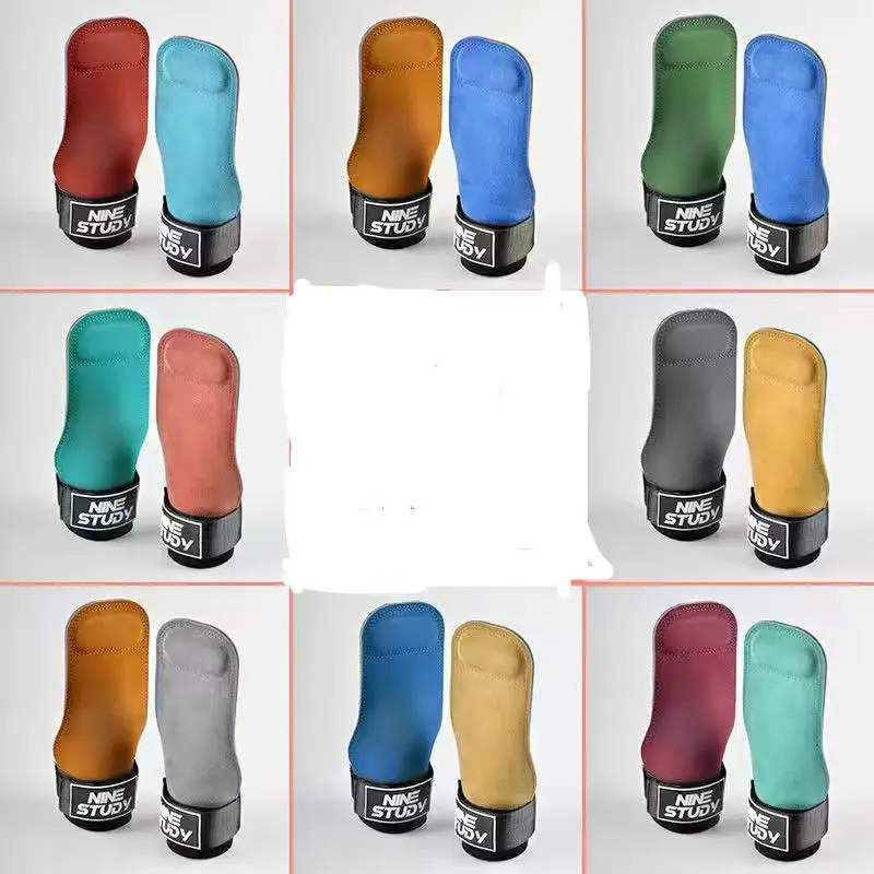 Cowhide Leather Gym Gloves Pull-ups Lifting Gymnastic Crossfit Anti-Skid Belt Wraps Support Palm Protection pads Random Color