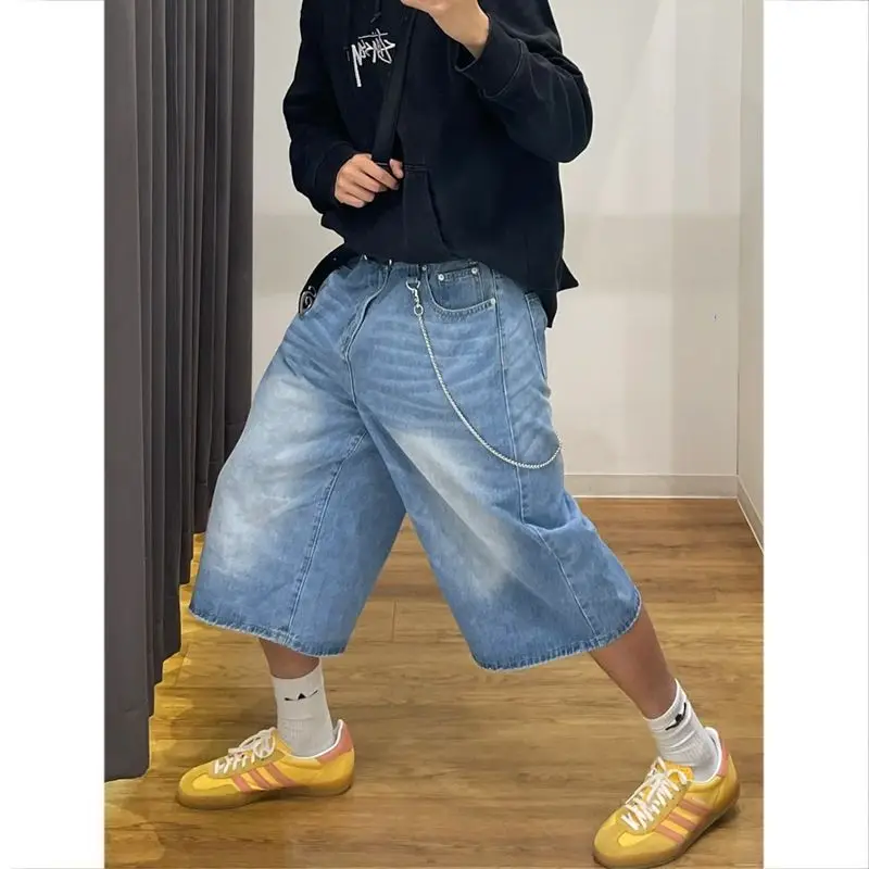Men's Simple Summer Street Style Wide Leg Cropped Pants Vintage Jeans Cool Boys Casual Y2k Bottom Male High Waist Denim Shorts