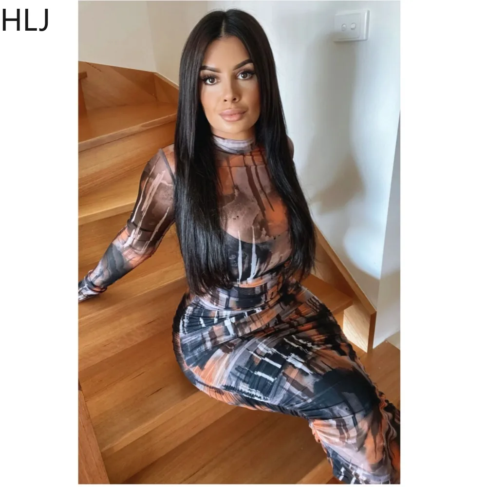 

HLJ Sexy Mesh Perspective Suspended Dress Women Print O Neck Long Sleeve Dress Sexy Female Transparent Nightclub 2pcs Clothing