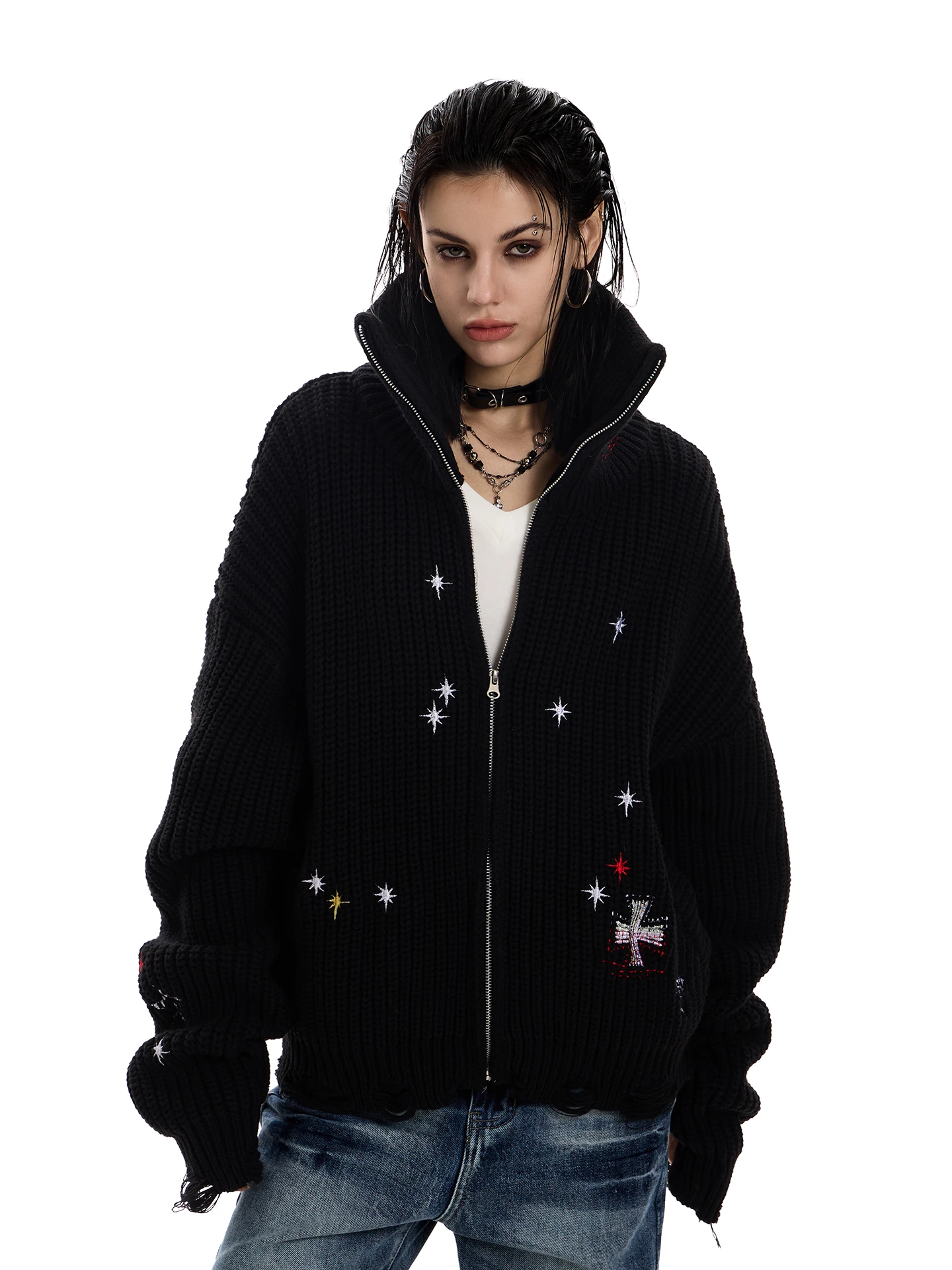 

023Start American Sle Knitted Sweater Coat Women Loose Retro Street Faion Embroidery Outerwear Autumn Winter Street Sle