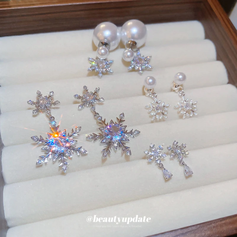 Romantic Atmosphere In Winter Sparkling Diamonds Snowflakes Water Droplets Pearl Earrings Women'S New Explosive Style Exquisite
