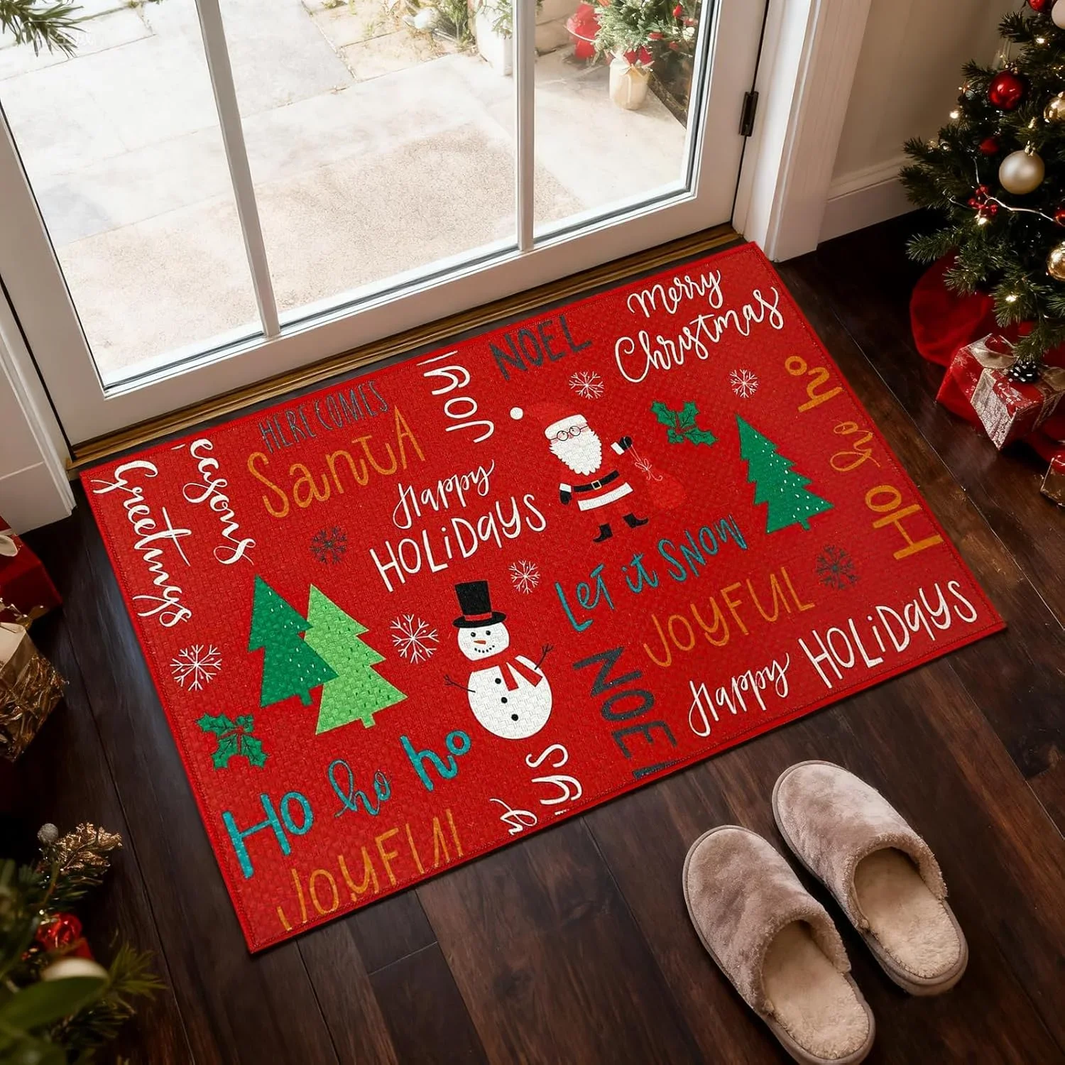 Christmas Gnome Door Mat Plaid Pattern Welcome Rug Festive Home Decor Mat Waterproof Non Slip Floor Protector for Xmas Entranc