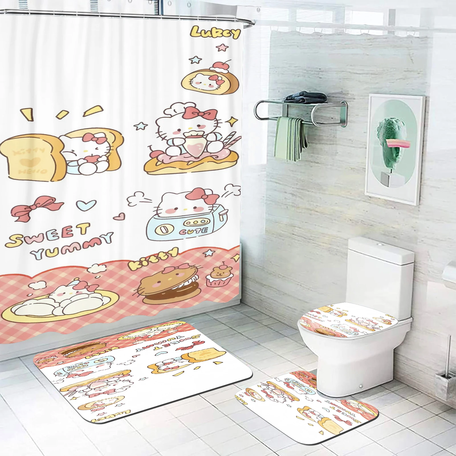 

Занавеска для душа с рисунком «Hello Kitty», набор занавесок для ванной комнаты, милые общие украшения, 4 шт., подвески в стиле аниме, аксессуары