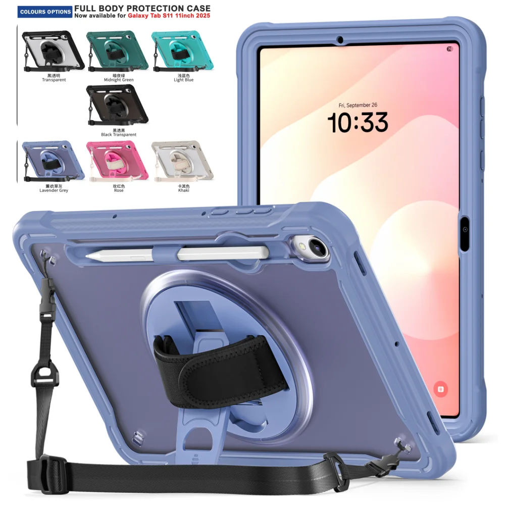 

Heavy Duty Case For Samsung Galaxy Tab S11 11inch SM-X730 SM-X736 2025 11" Rotating Wristband Tablet Cover with Shoulder Strap