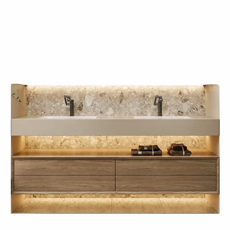 Double Basin Bathroom Cabinet Solid Wood Vanity Combo Light Luxury Smart Washbasin Unit Modern Bathroom Sink Storage