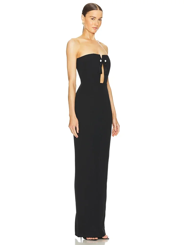 Sexy Strapless Tassels Hollow Out maxi Bnadage Dresses for Women Black Sleeveless Backless Bodycon celebrity Evening Party Gowns