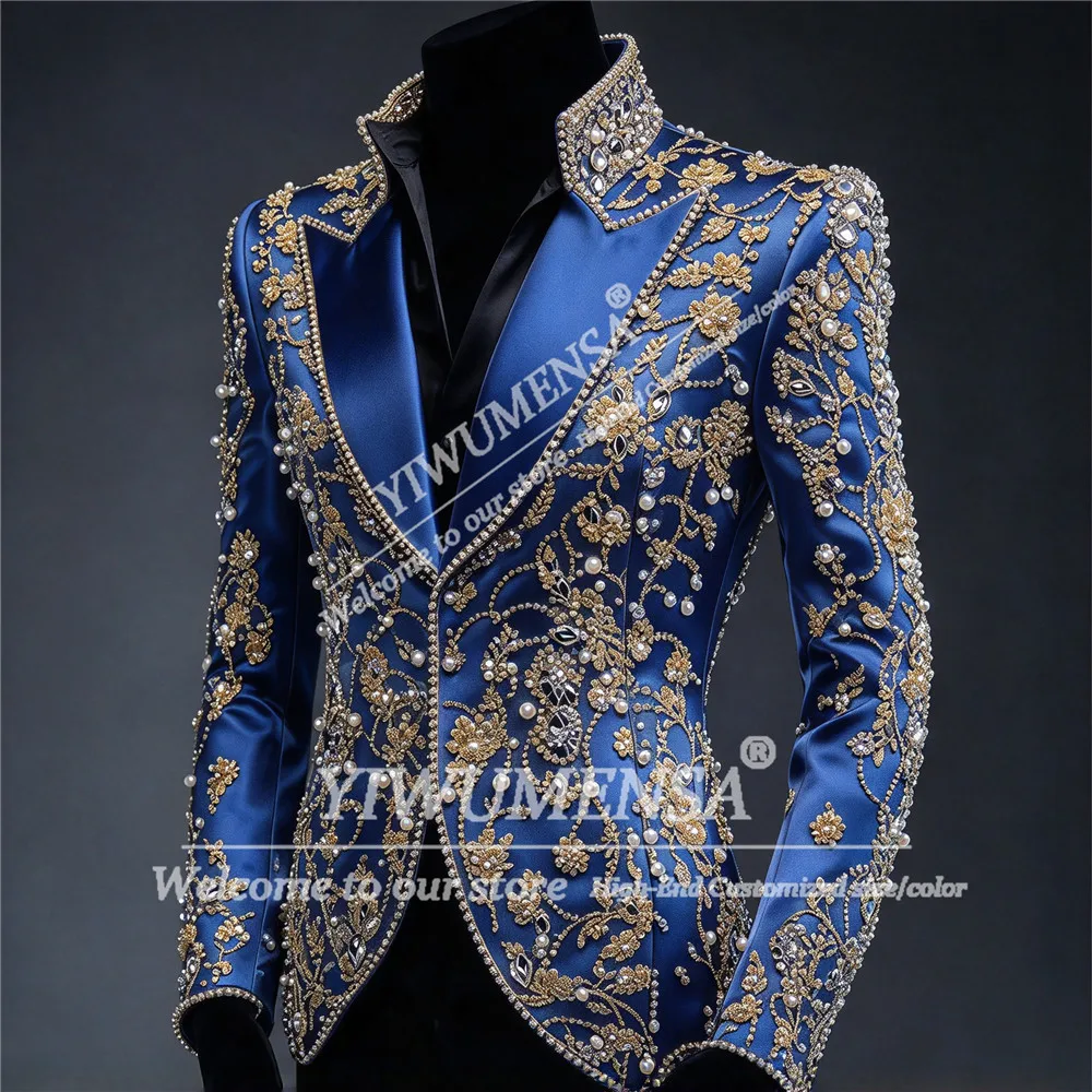 Handsome Beaded Stones Satin Suits Man For Wedding Plus Size Stand Collar Jacket Pants 2 Piece Sets Groom Tuxedo Customized 2027