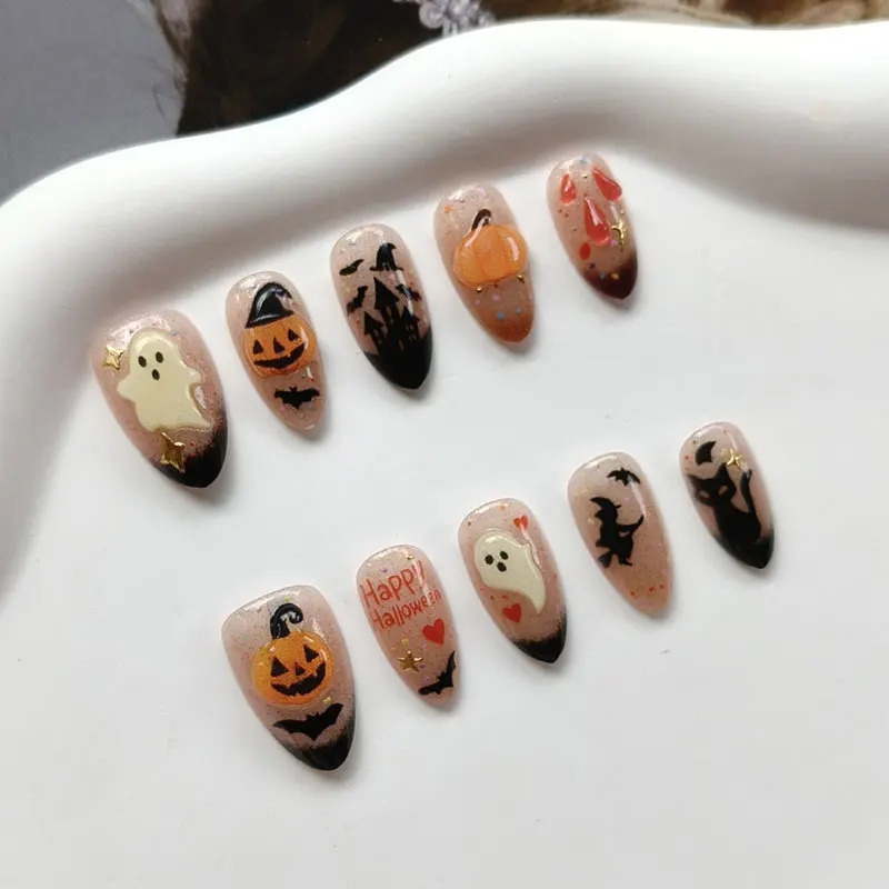 10 Stück 3D Geister-Kürbis Katzenaugen-Kunstnägel mit rauer Textur, Halloween-Nägel, europäische & amerikanische Nagelaufkleber, künstliche Nägel – Detail 6