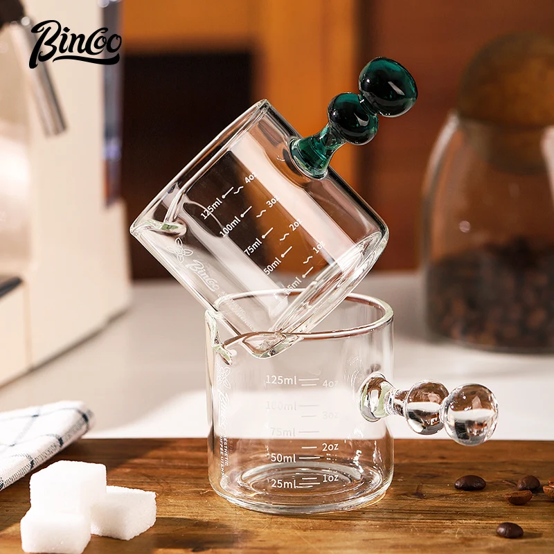 Bincoo Espresso Extraction Cup with Scale Glass Measuring Cup Espresso Cup Wooden Handle Small Milk Cup Milk Jug Ounce Cup