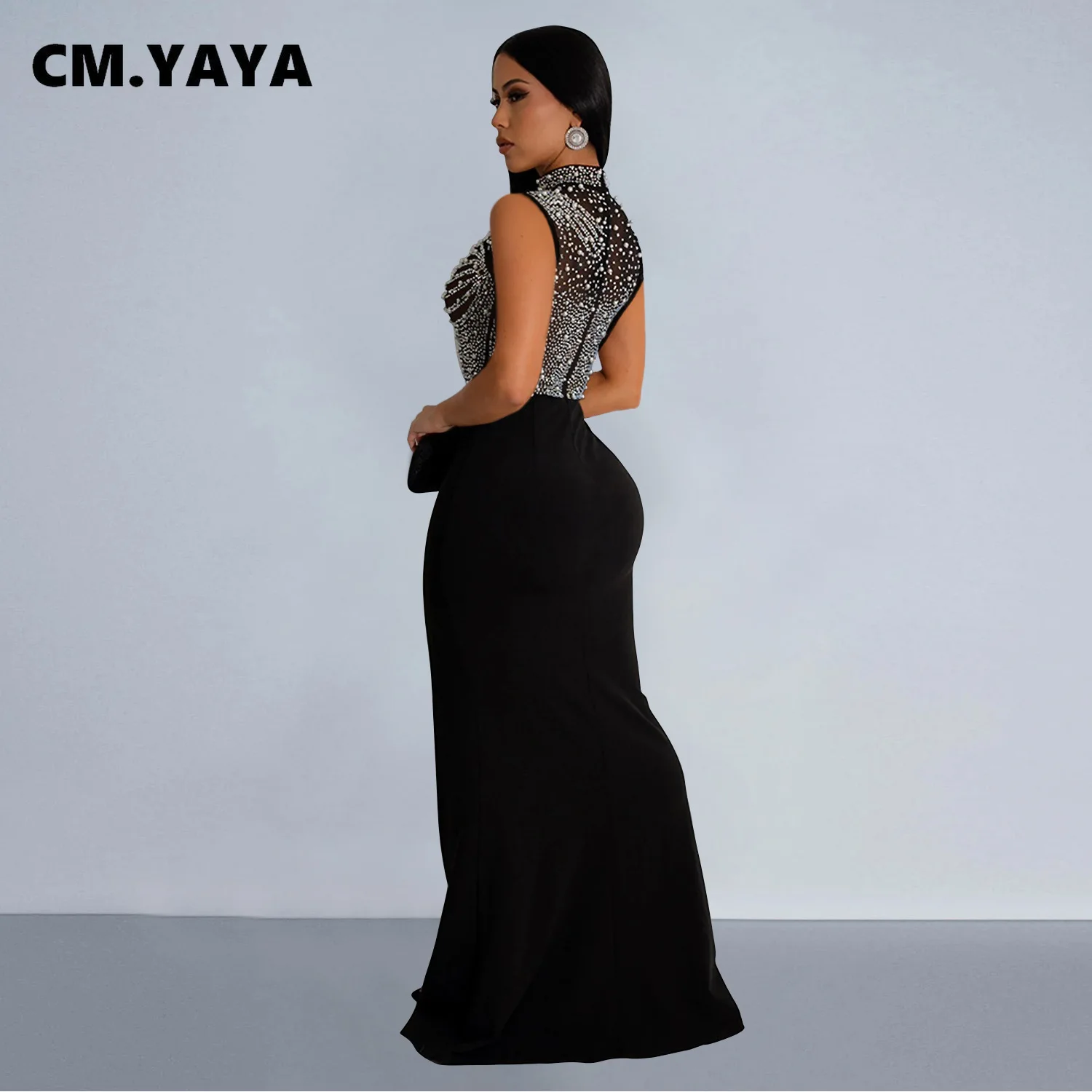 CM.YAYA Women Sleeveless Diamonds Hot Rhinestones High Side Split Mermaid Maxi Long Dress 2024 Even Sexy Party Dresses Vestidos