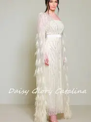 White Tulle Formal Prom Dresses Beading Half Sleeves New Design Evening Dresses Feathers Sparkly Modern Wedding Party Gown