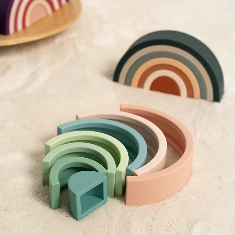 Silicone Baby Rainbow Stacking Toys Building Blocks Montessori Nesting Puzzle Toy for Kids and Babies Early Development Gifts
