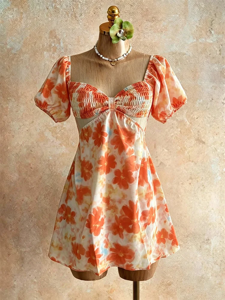 Damen Freizeitkleid für den Urlaub Vielseitiges Stilvolles Blumen-Batik-Print Puffärmel-Minikleid, Frühlings- und Sommer-Partykleid