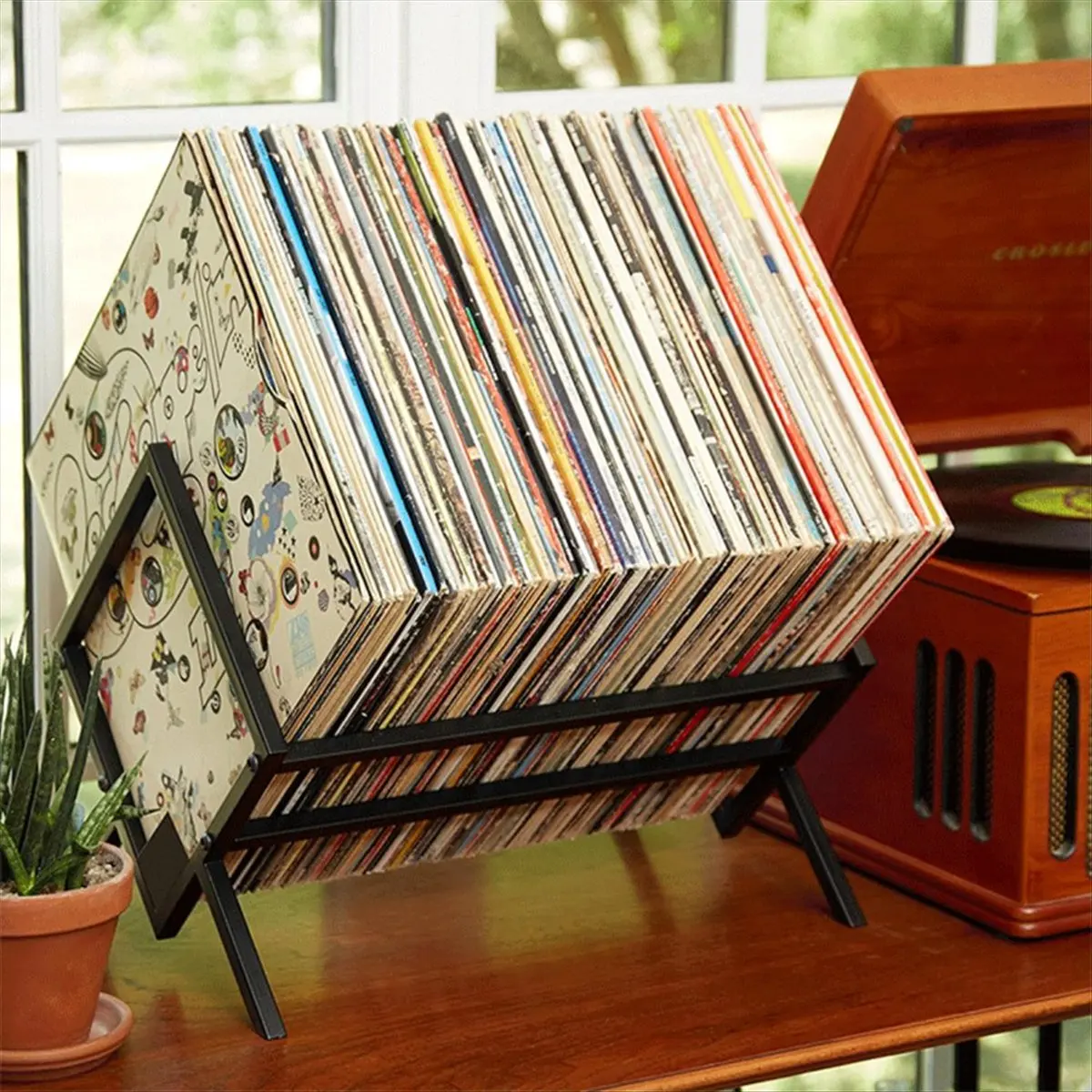 N14R Top Record Storage Racks - Easy Assembly Vinyl Record Holder Stand 100Lps Sleek Matte Black LP Holder Stand