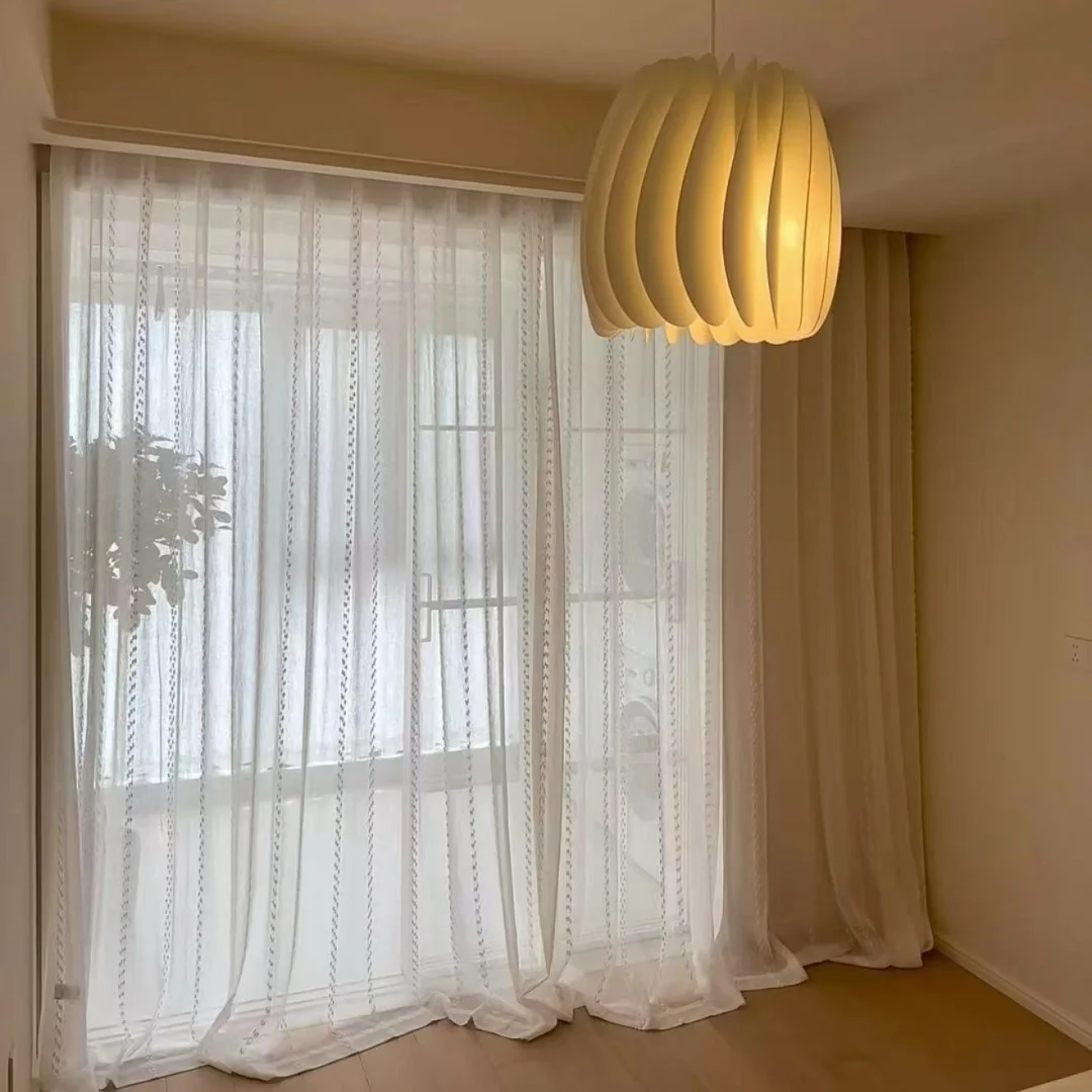 Vertical Embroidery White Sheer Voile Curtain Light Filtering Transparent Window Curtain For Bedroom