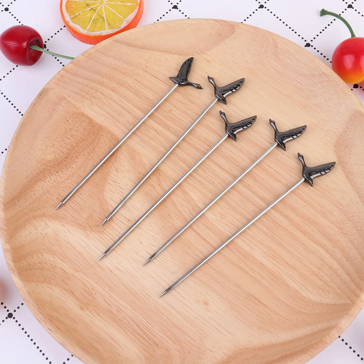 

5Pcs Stainless Steel Fruit Forks Greylag Shape Cocktail Picks Salad Dessert Fork Reusable Black Stainless Steel Fruit Fork