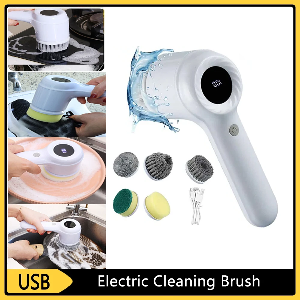 Electric Rotary Scrubber Cleaning Brush USB Rechargeable with 5 Brush Head Electric Cleaning Brush for Kitchen Bathtub Scrubber