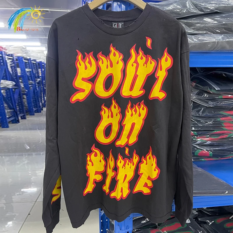 Soul On Fire Full Letters Print Saint Long Sleeve T Shirt Men Women Best Quality Cotton Tops Vintage Washed Black T-Shirt Tags