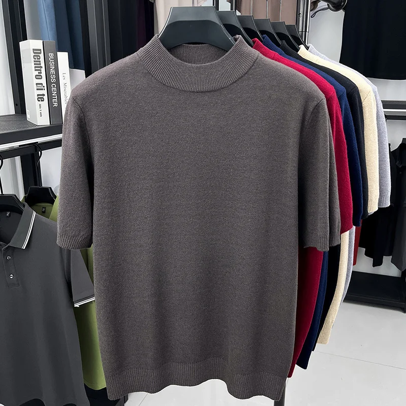 Herren Einfarbige Mock-Neck Kurzarm-Strick-T-Shirts Lässige Basis-Oberteile Weich Dehnbar Knitterfrei Für Alle Jahreszeiten Geeignet – Detail 21