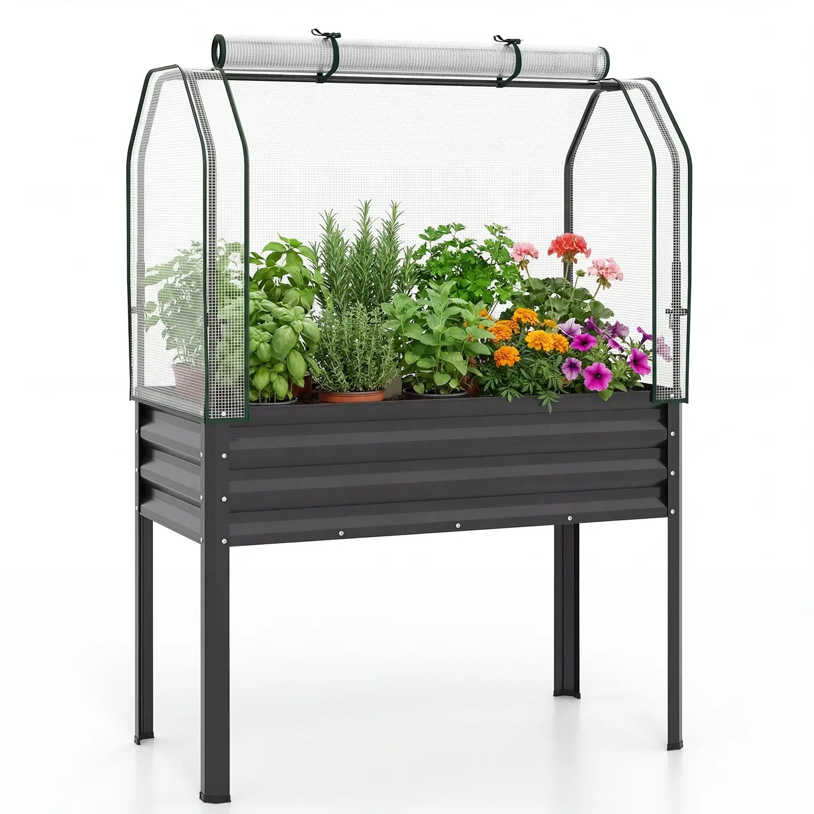 Raised Garden Bed with Legs & Greenhouse Cover, 44x22x60 Elevated Metal Planter Box with Roll-up Door, Outdoor Mini