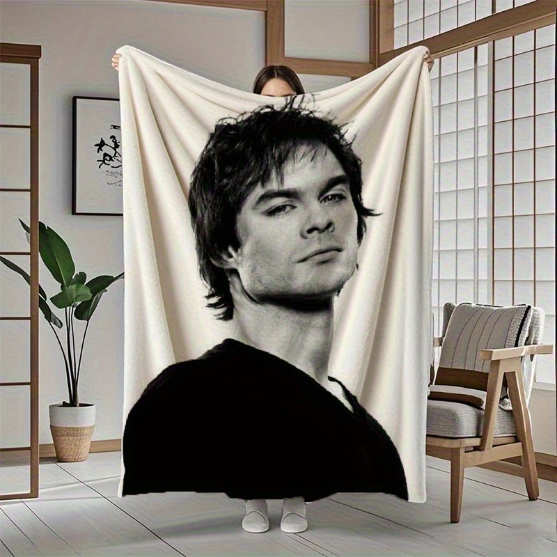 1pc Ian Somerhalder Blanket Single Sided 2D Print Soft Flannel Fleece Throw Blanket for Bed Couch Sofa Tv Show Fan Vibe for Gift