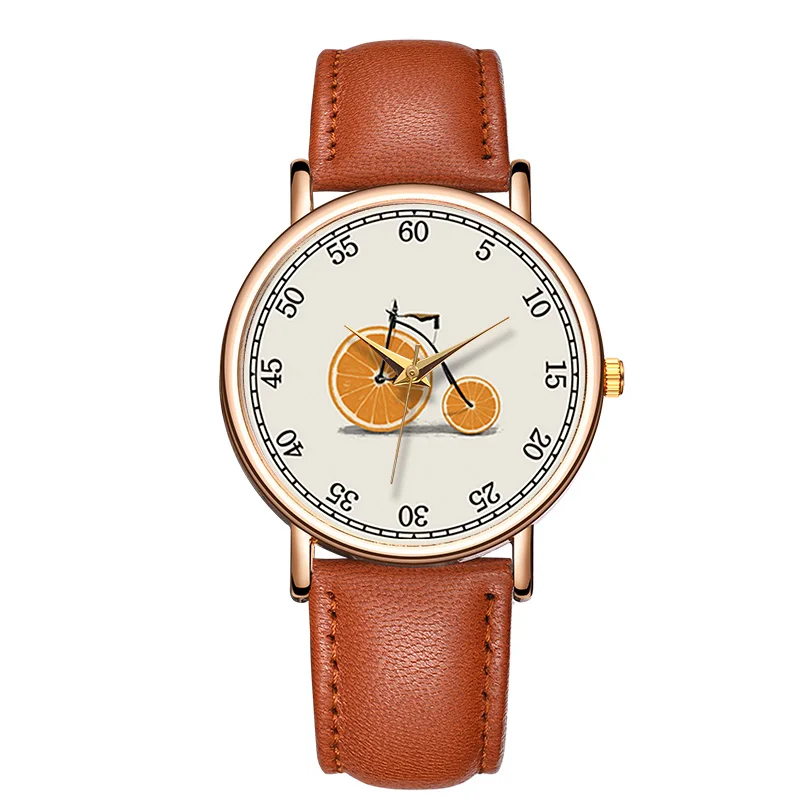 Quartz Watch For Girl Ladies Orange Bike Temperament Round Dial Watch Genuine Leather Waterproof Watch Montre Femme