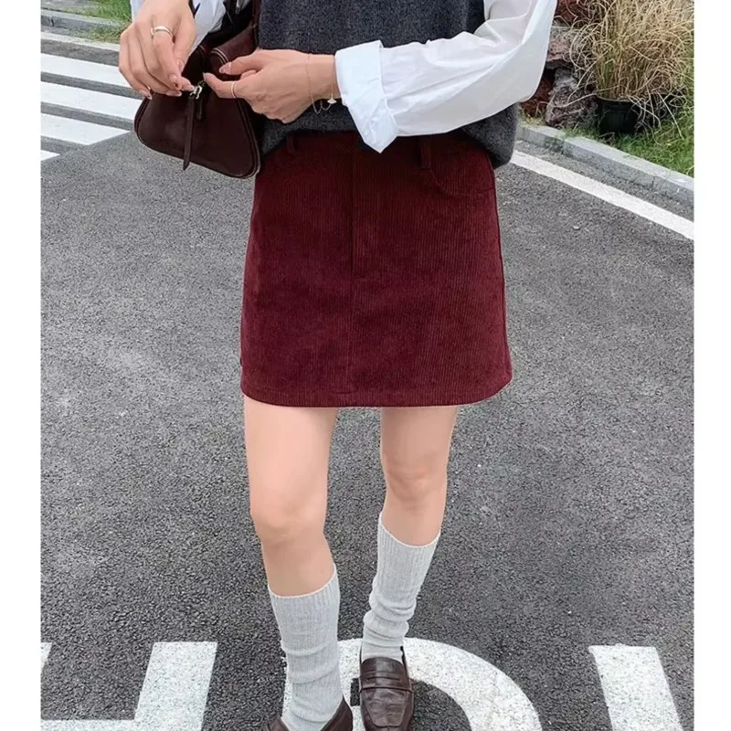 Vintage Corduroy Mini Skirt for Women High Waist A Line Short Skirt Pocket Design Button Fly Casual Fall Winter Basic Bottoms