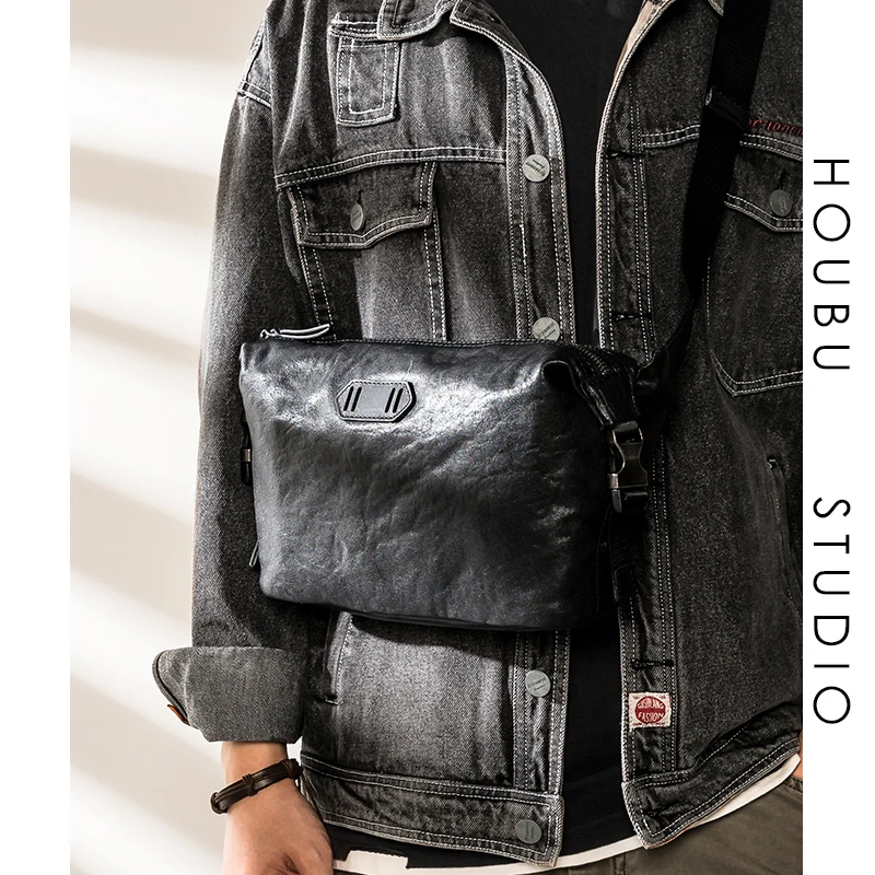 2026 New Genuine Leather Simple Men's Chest Bag Messenger Bag Ins Fashion Brand Boys Sports Backpack Cowhide Fashion Trendy Sho