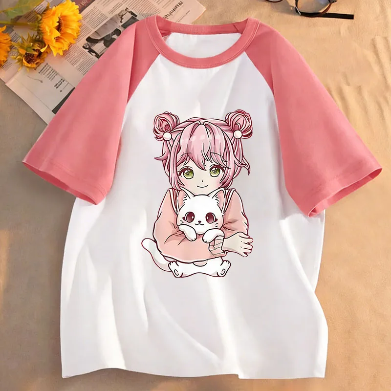 Japanese Anime Style Girl with Cat Design T Shirts Manga Kids Children's T-shirt Boys Girls Summer Spring Casual Top Tee Shirt