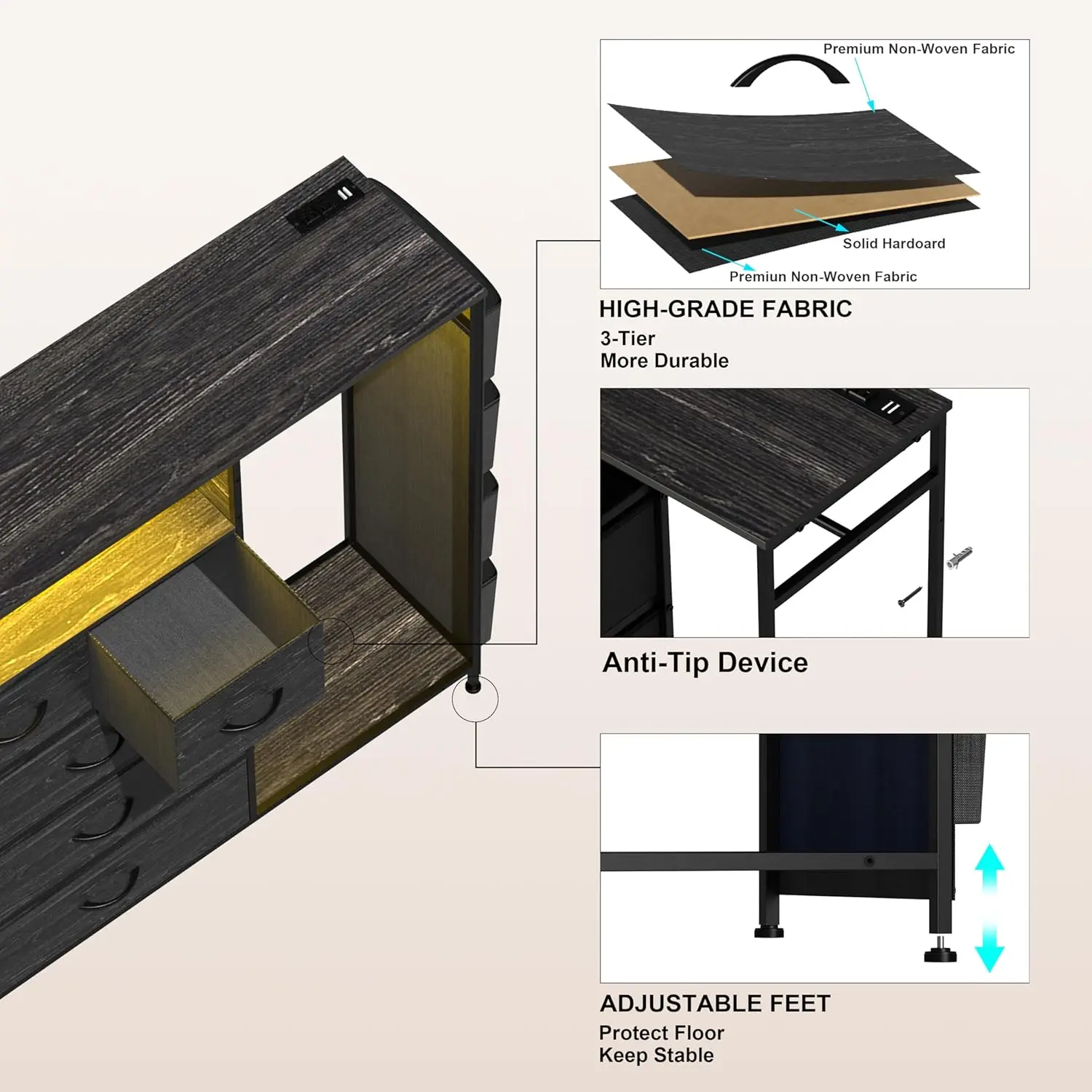 خزانة ملابس لغرفة النوم مع رف ملابس وجيوب جانبية 5 أدراج مع محطة شحن وأضواء LED وخزانة تخزين سوداء #5