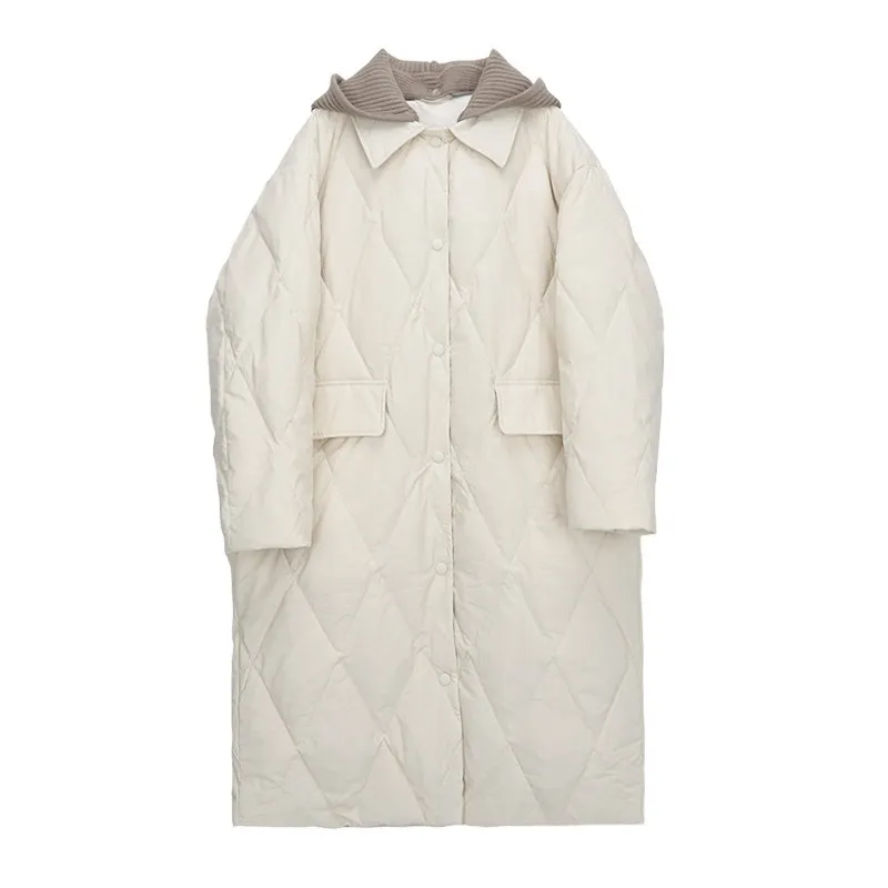 Jaqueta de Pluma Feminina Nova Outono/Inverno 2026, Jaqueta de Pluma com Capuz Tricotada Solta