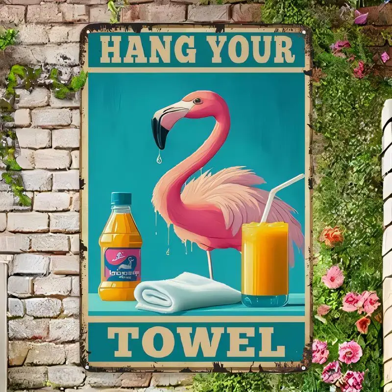Retro Flamingo Towel Reminder Metal Tin Sign - Tropical Iron Wall Art with Juice Design, Teal/Pink, for Bathroom/Poolside/Home S